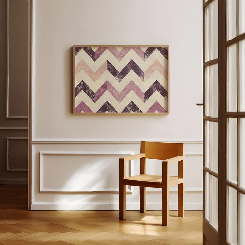 Room view with a full frame of A minimalist textile print, symmetric chevron pattern