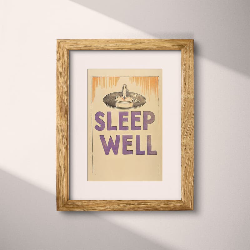 Matted frame view of A vintage linocut print, the words "SLEEP WELL" with a candle