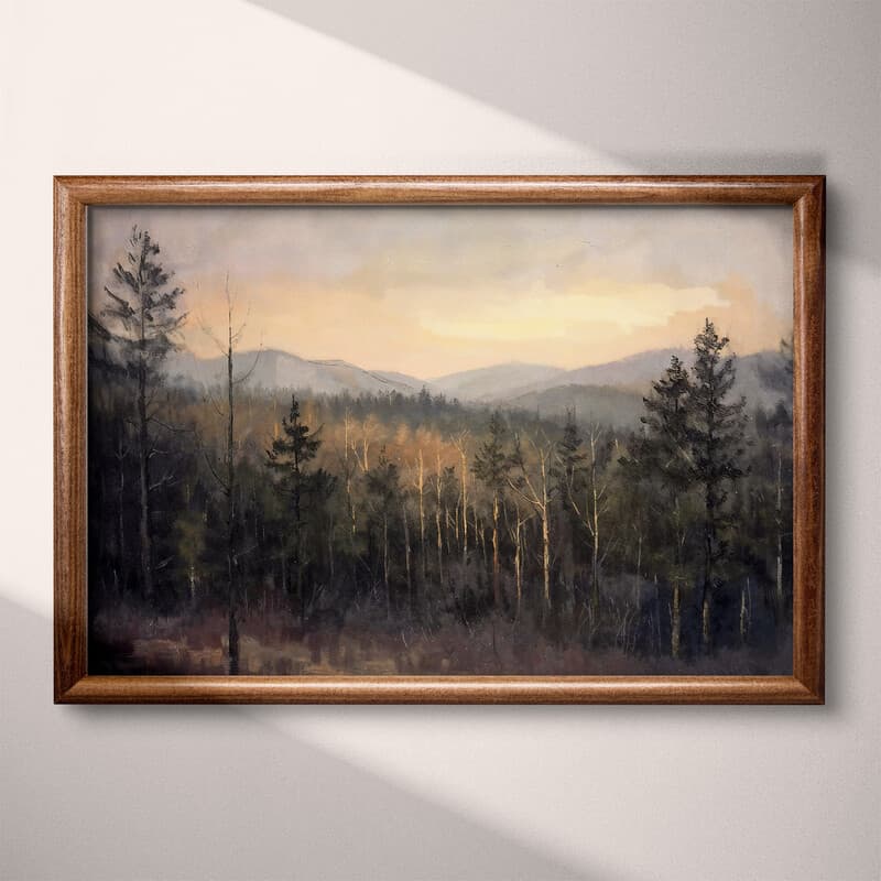 Full frame view of An impressionist oil painting, a forest at sunset, mountains in the distance