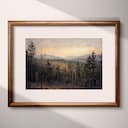 Matted frame view of An impressionist oil painting, a forest at sunset, mountains in the distance
