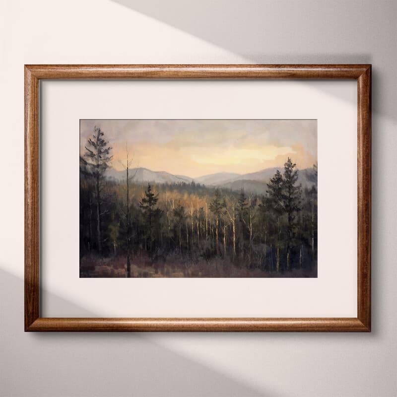 Matted frame view of An impressionist oil painting, a forest at sunset, mountains in the distance