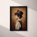 Full frame view of A vintage oil painting, a boy wearing a top hat, side view