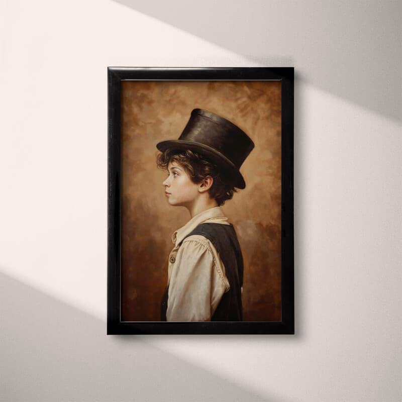 Full frame view of A vintage oil painting, a boy wearing a top hat, side view