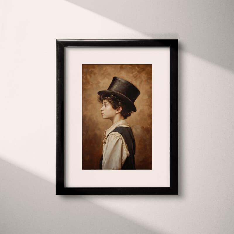 Matted frame view of A vintage oil painting, a boy wearing a top hat, side view