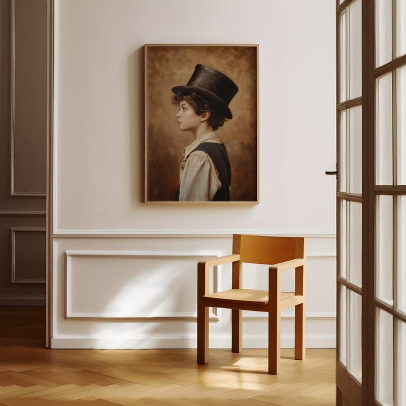 Room view with a full frame of A vintage oil painting, a boy wearing a top hat, side view