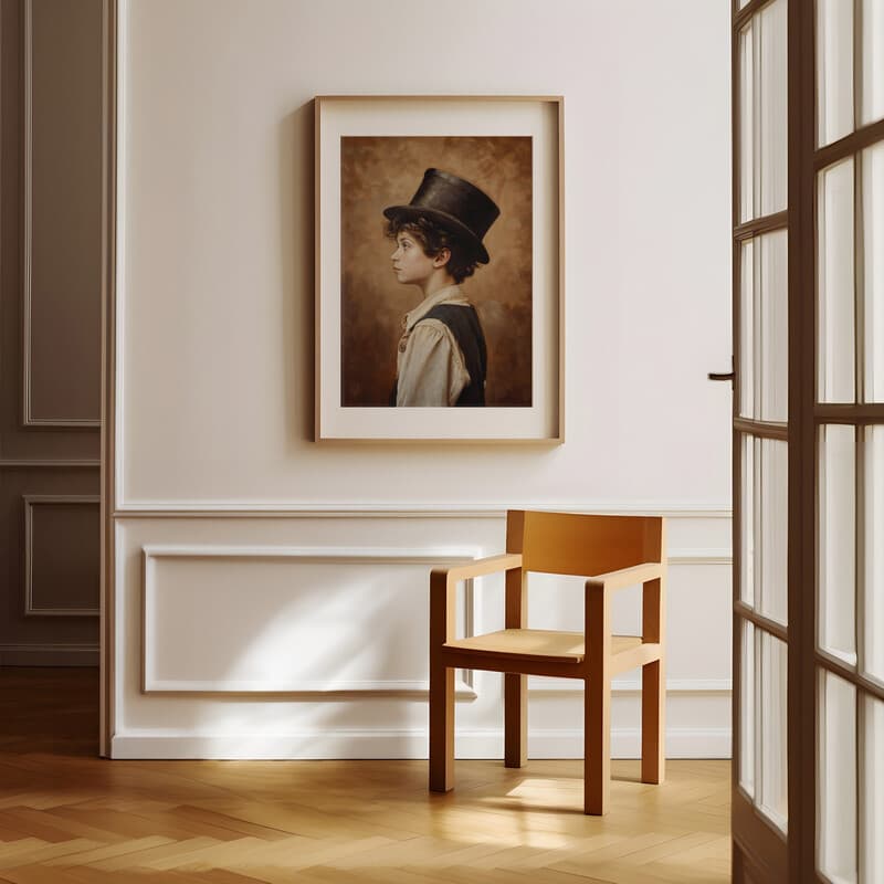 Room view with a matted frame of A vintage oil painting, a boy wearing a top hat, side view