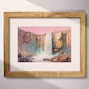 Matted frame view of A vintage pastel pencil illustration, a cliff waterfall