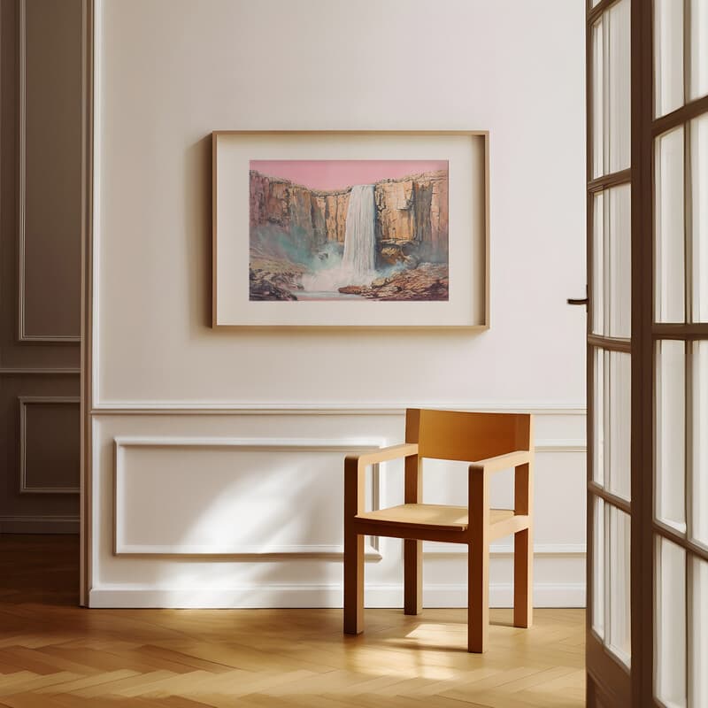 Room view with a matted frame of A vintage pastel pencil illustration, a cliff waterfall