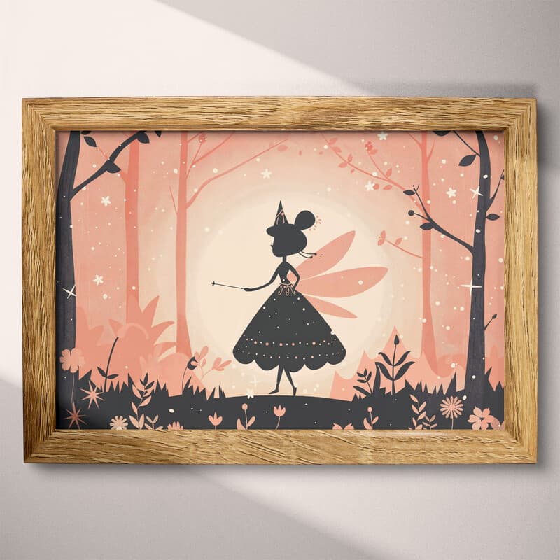 Full frame view of A cute simple illustration with simple shapes, a fairy with a wand in a forest