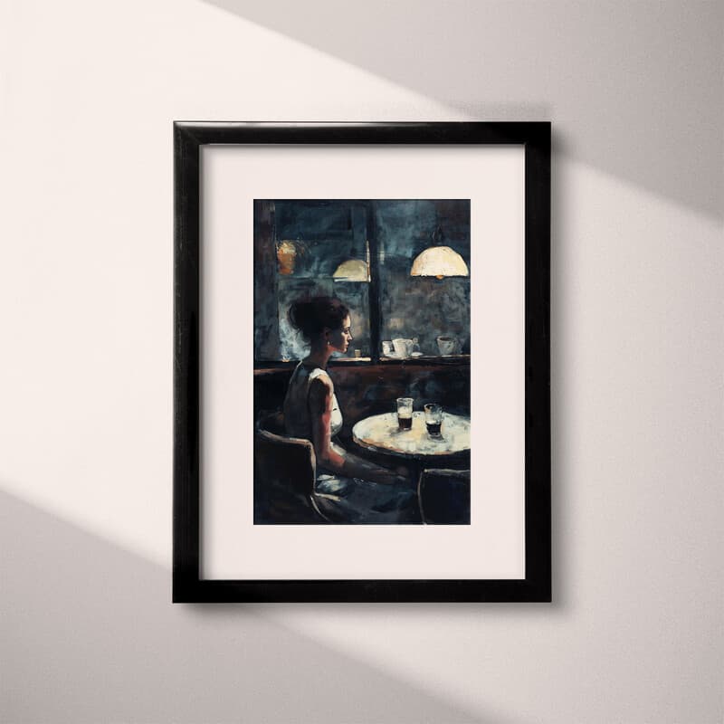 Matted frame view of A mid-century oil painting, a woman in a cafe