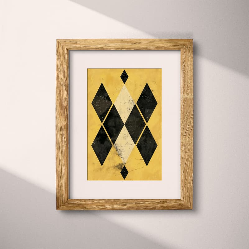 Matted frame view of A vintage textile print, symmetric diamond pattern