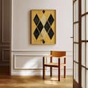 Room view with a full frame of A vintage textile print, symmetric diamond pattern