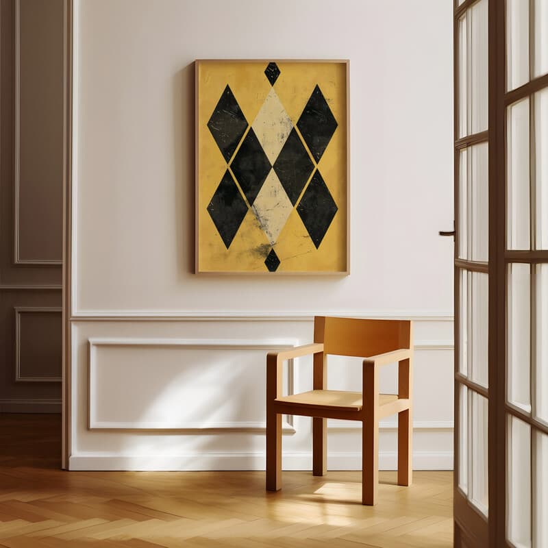 Room view with a full frame of A vintage textile print, symmetric diamond pattern