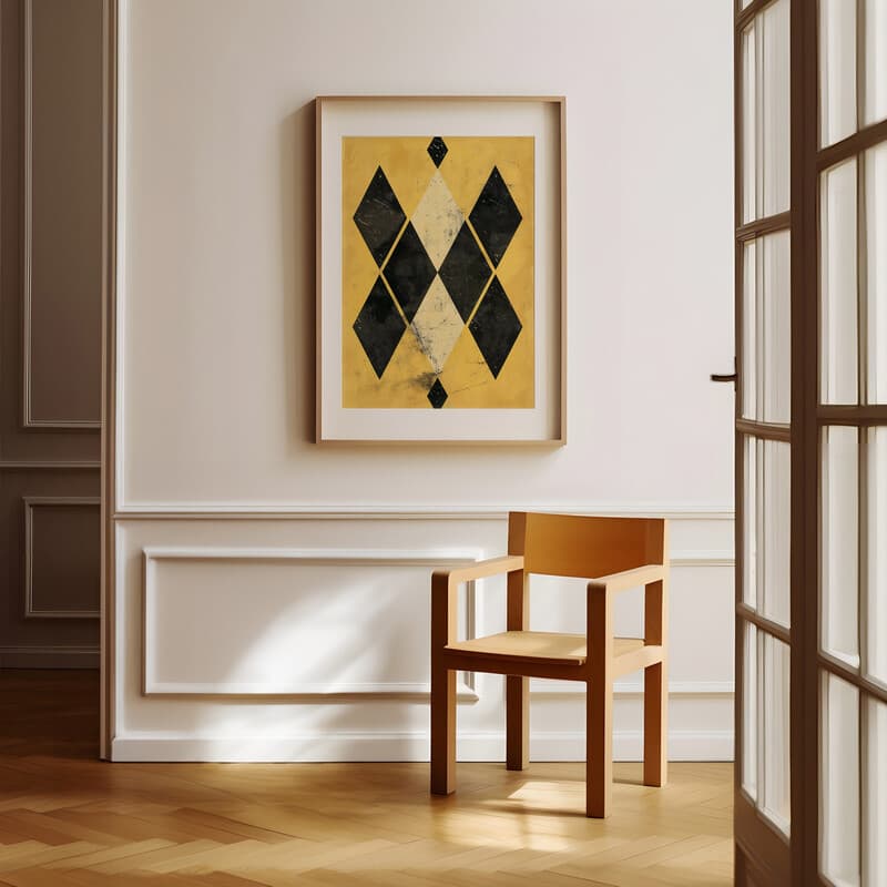 Room view with a matted frame of A vintage textile print, symmetric diamond pattern