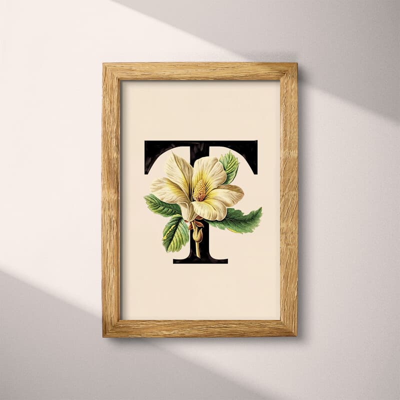 Full frame view of A vintage pastel pencil illustration, the letter "T" with a flower