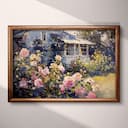 Full frame view of An impressionist oil painting, a rose garden in front of a summer cottage