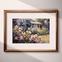 Matted frame view of An impressionist oil painting, a rose garden in front of a summer cottage