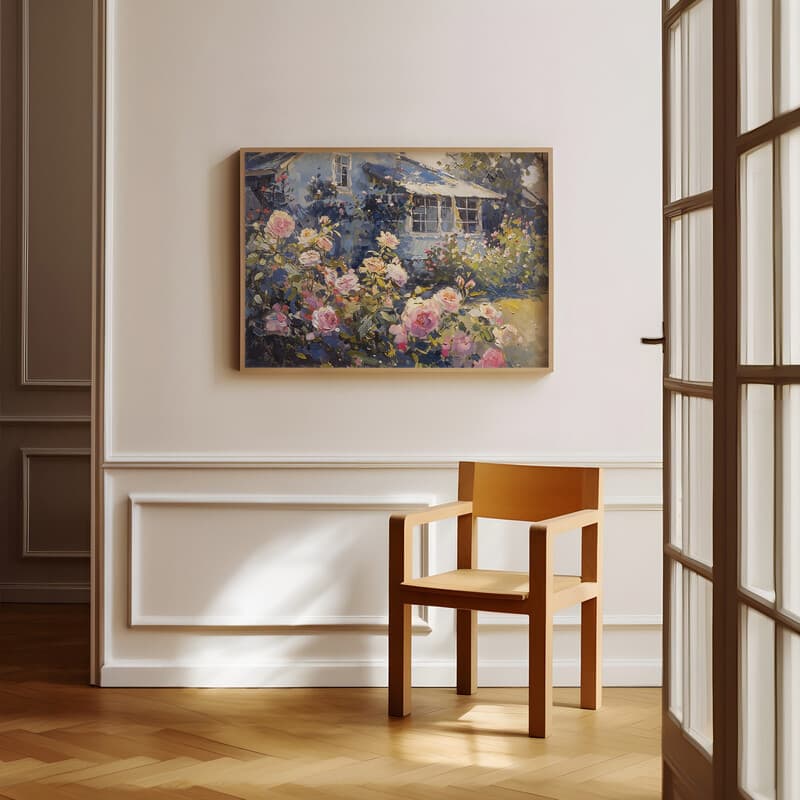 Room view with a full frame of An impressionist oil painting, a rose garden in front of a summer cottage