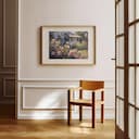 Room view with a matted frame of An impressionist oil painting, a rose garden in front of a summer cottage