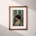 Matted frame view of A vintage oil painting, a woman in front of a striped tent, side view