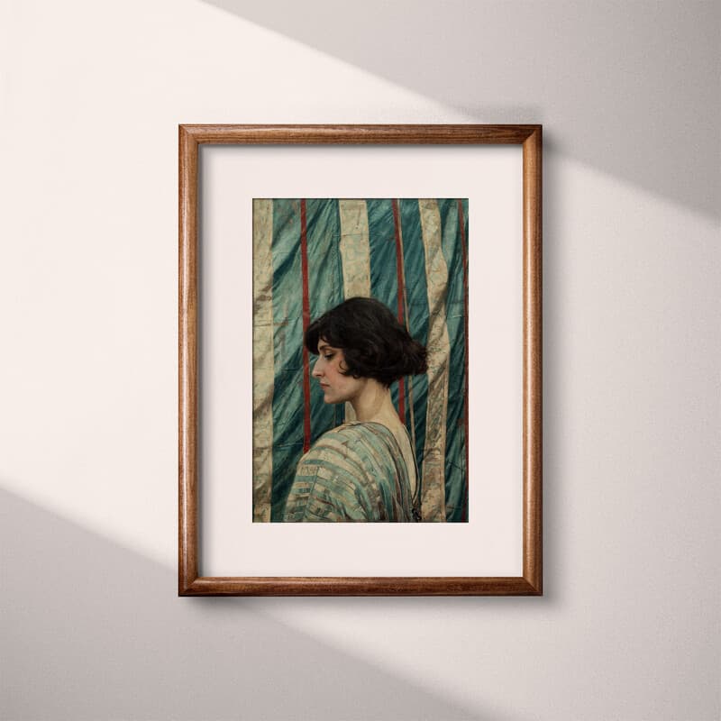 Matted frame view of A vintage oil painting, a woman in front of a striped tent, side view