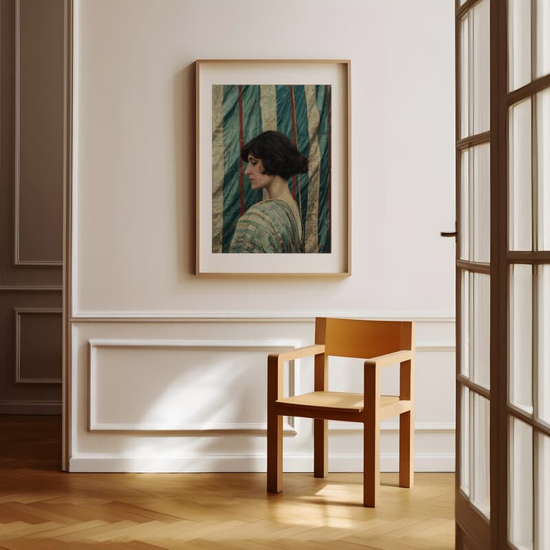 Room view with a matted frame of A vintage oil painting, a woman in front of a striped tent, side view