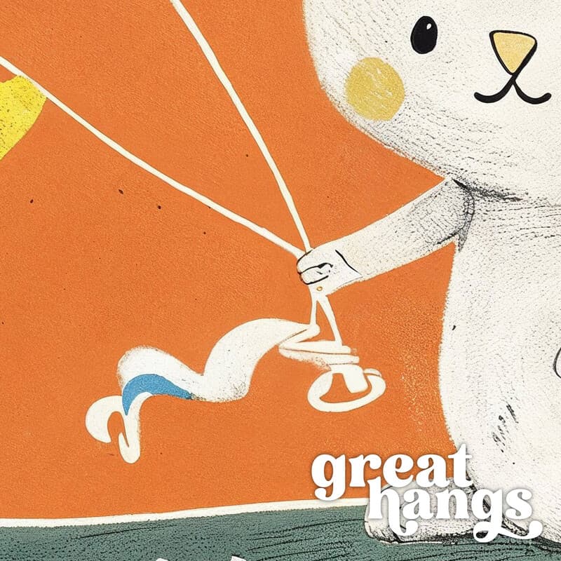 Closeup view of A cute simple cartoon drawing, a bunny on a skateboard with a kite