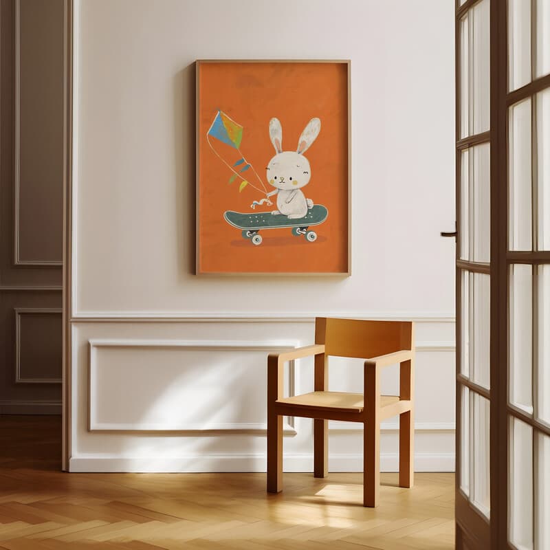 Room view with a full frame of A cute simple cartoon drawing, a bunny on a skateboard with a kite