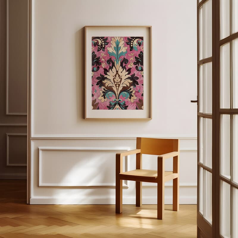 Room view with a matted frame of A baroque tapestry print, floral pattern