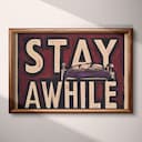 Full frame view of A vintage linocut print, the words "STAY AWHILE" with a bed