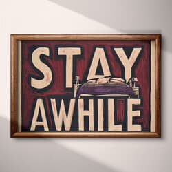 Stay Awhile Digital Download | Typography Wall Decor | Quotes & Typography Decor | Black, Beige and Purple Print | Vintage Wall Art | Bedroom Art | Housewarming Digital Download | Autumn Wall Decor | Linocut Print