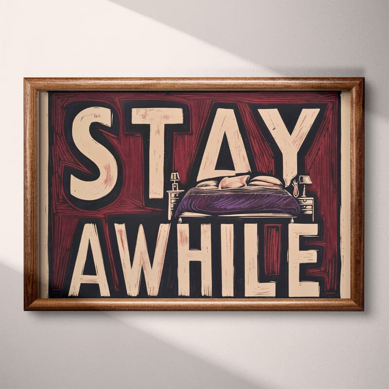 Full frame view of A vintage linocut print, the words "STAY AWHILE" with a bed