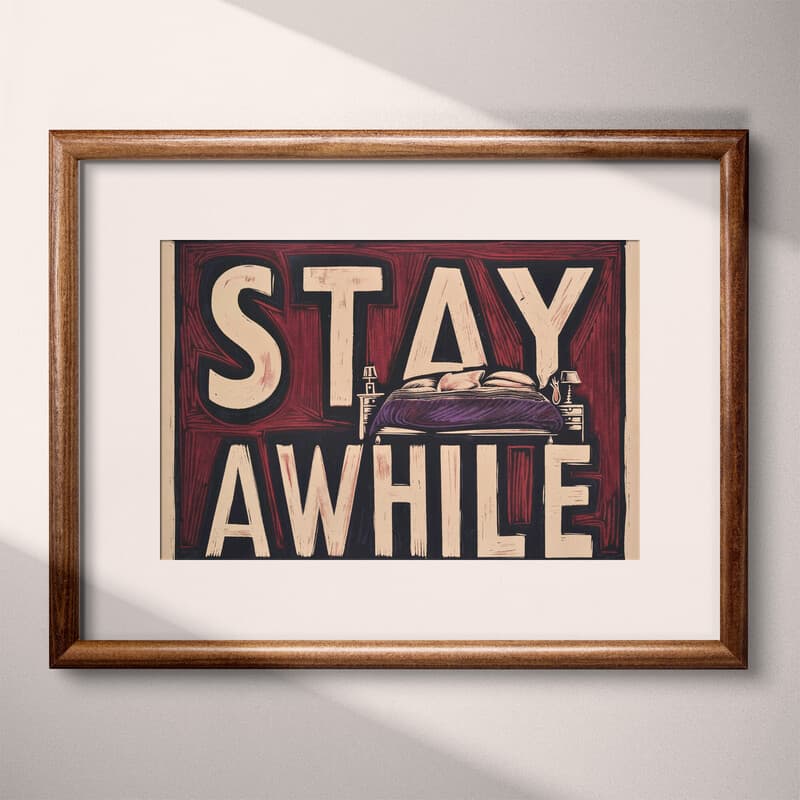 Matted frame view of A vintage linocut print, the words "STAY AWHILE" with a bed