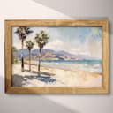 Full frame view of An impressionist oil painting, beach with palm trees, mountains in the distance