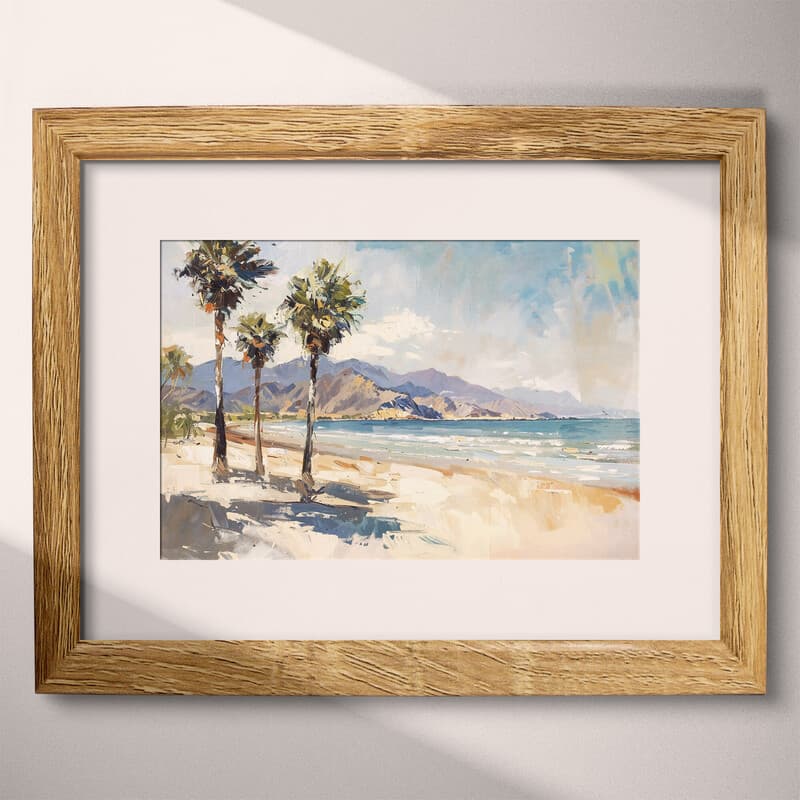 Matted frame view of An impressionist oil painting, beach with palm trees, mountains in the distance