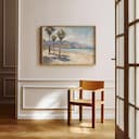 Room view with a full frame of An impressionist oil painting, beach with palm trees, mountains in the distance