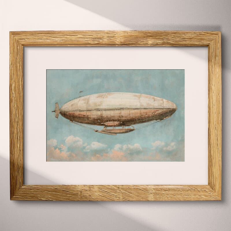 Matted frame view of A japandi pastel pencil illustration, an airship