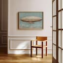 Room view with a full frame of A japandi pastel pencil illustration, an airship