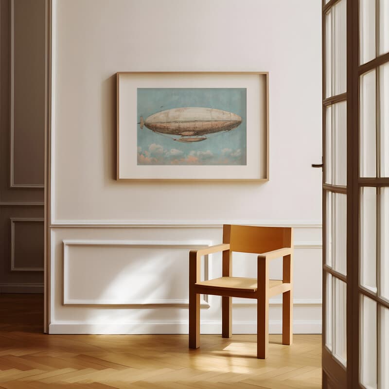 Room view with a matted frame of A japandi pastel pencil illustration, an airship