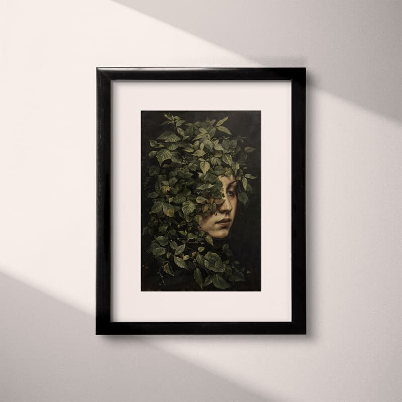 Matted frame view of A vintage oil painting, a woman's face covered with plants