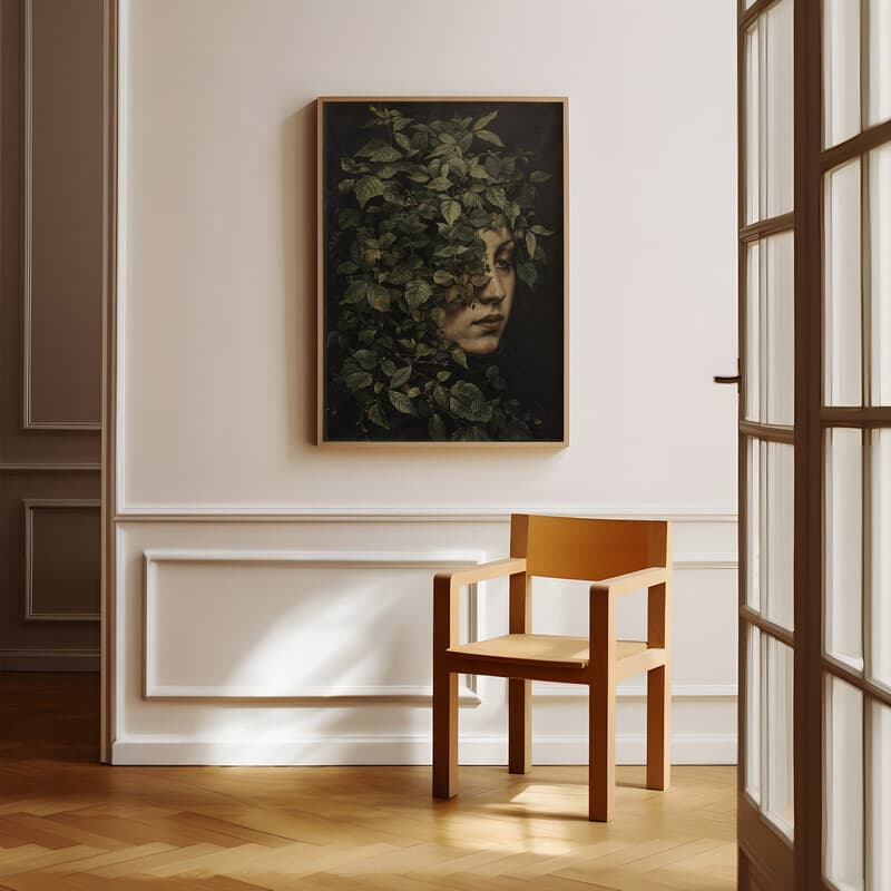 Room view with a full frame of A vintage oil painting, a woman's face covered with plants