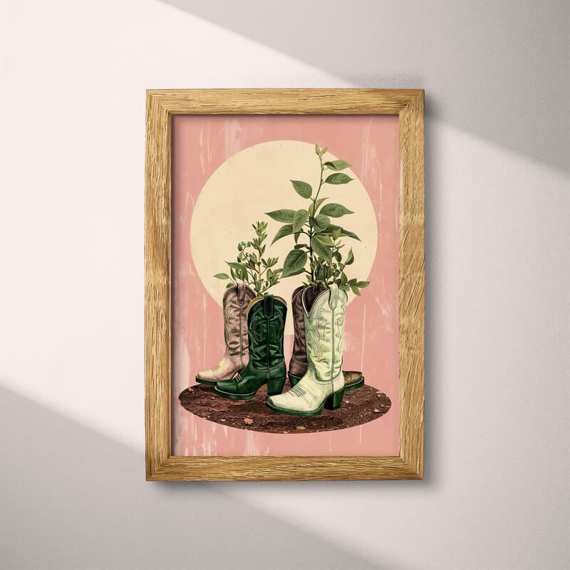 Full frame view of An art deco pastel pencil illustration, plants growing out of cowboy boots