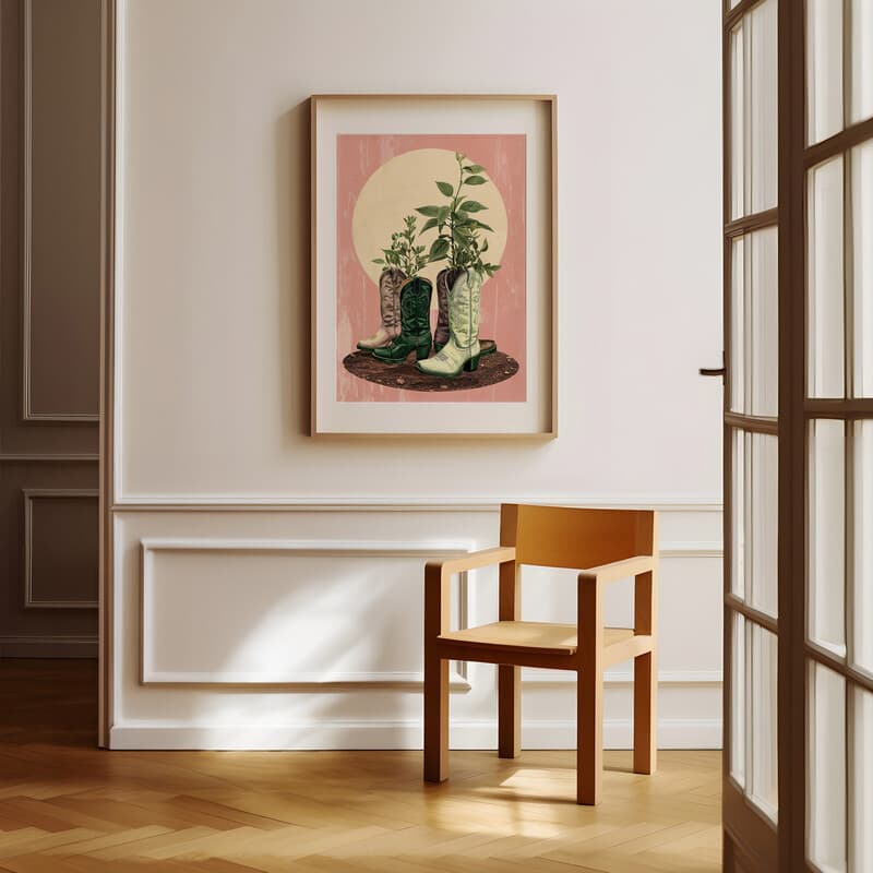 Room view with a matted frame of An art deco pastel pencil illustration, plants growing out of cowboy boots