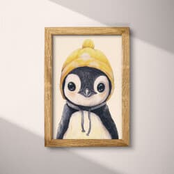 Penguin Beanie Art | Animal Wall Art | Animals Print | White, Black, Brown and Gray Decor | Chibi Wall Decor | Kids Digital Download | Baby Shower Art | Christmas Wall Art | Winter Print | Pastel Pencil Illustration