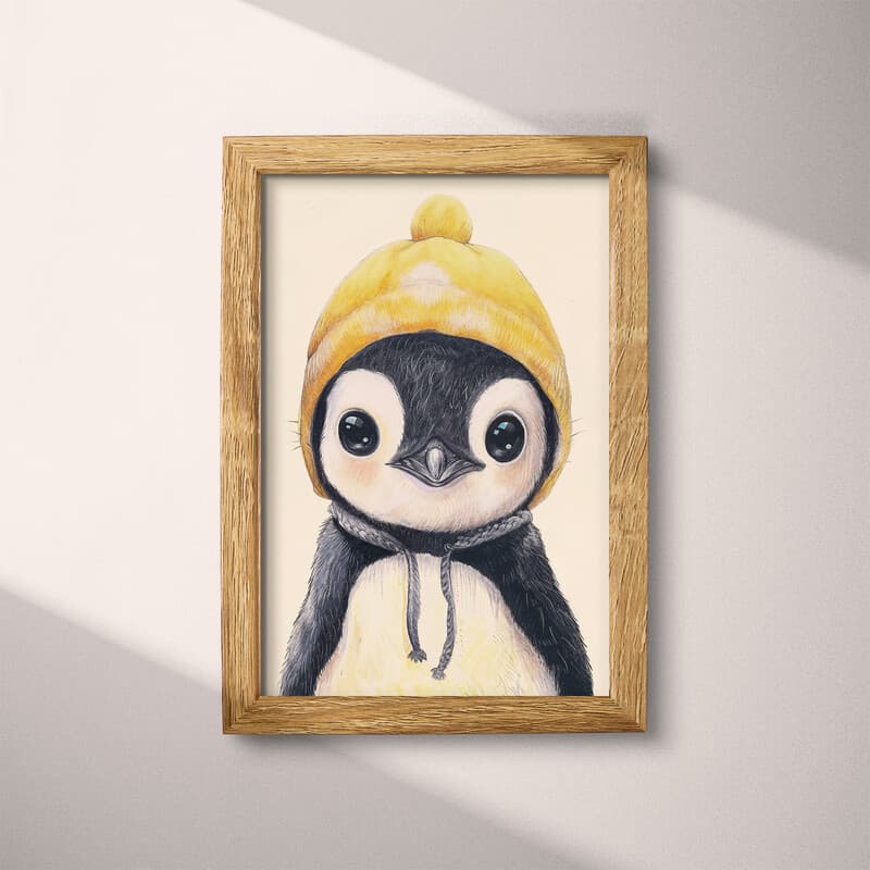 Full frame view of A cute chibi anime pastel pencil illustration, a penguin wearing a beanie