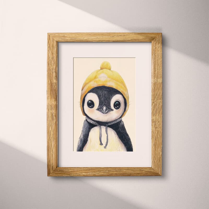 Matted frame view of A cute chibi anime pastel pencil illustration, a penguin wearing a beanie