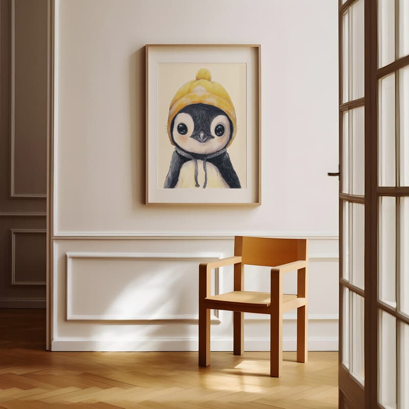 Room view with a matted frame of A cute chibi anime pastel pencil illustration, a penguin wearing a beanie