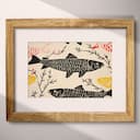 Matted frame view of A wabi sabi textile print, fish pattern