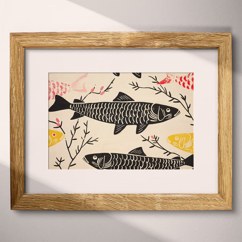 Matted frame view of A wabi sabi textile print, fish pattern