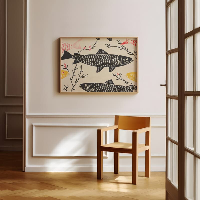 Room view with a full frame of A wabi sabi textile print, fish pattern